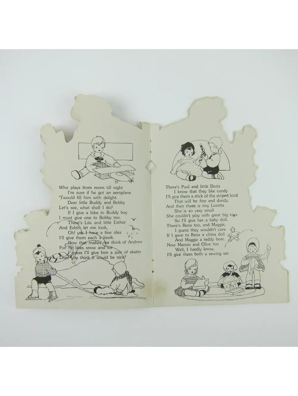 Antique Christmas Card Booklet Story Die-cut Santa Toys Rocking Horse Teddy Bear